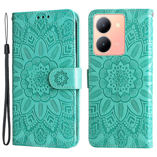 For vivo Y78+ 5G / Y78 5G Sunflower Imprinted Leather Wallet Case Phone Flip Stand Cover - Green