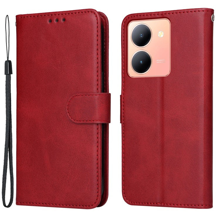 For vivo Y78+ 5G / Y78 5G Calf Texture Phone Cover Wallet Stand Cell Phone Case with Strap - Red
