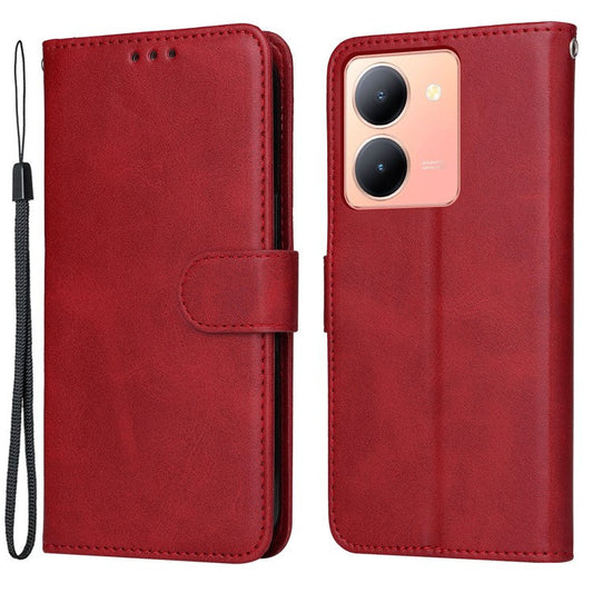 For vivo Y78+ 5G / Y78 5G Calf Texture Phone Cover Wallet Stand Cell Phone Case with Strap - Red