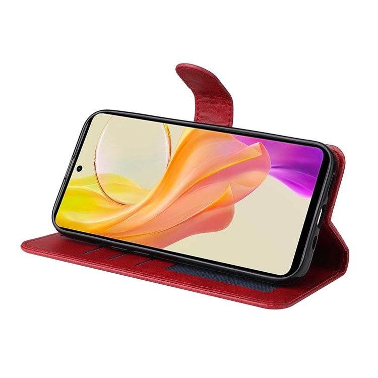 For vivo Y78+ 5G / Y78 5G Calf Texture Phone Cover Wallet Stand Cell Phone Case with Strap - Red