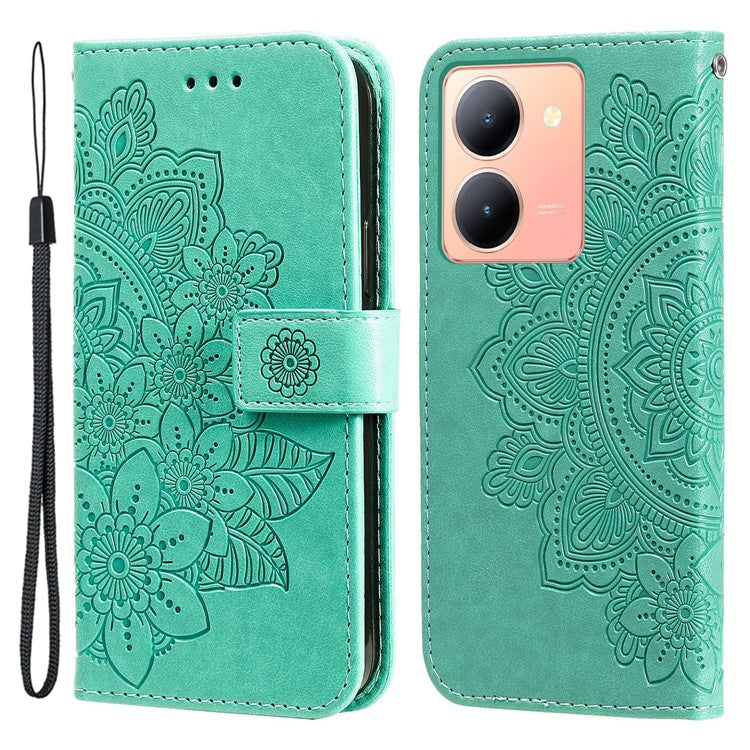 For vivo Y78+ 5G / Y78 5G Phone Case Flower Imprinting Phone Stand Wallet PU Leather Cover Shell - Green