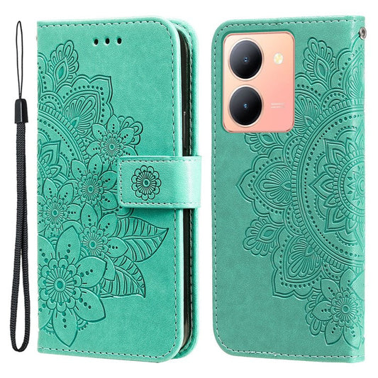 For vivo Y78+ 5G / Y78 5G Phone Case Flower Imprinting Phone Stand Wallet PU Leather Cover Shell - Green