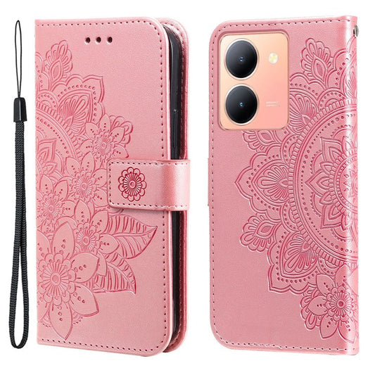 For vivo Y78+ 5G / Y78 5G Phone Case Flower Imprinting Phone Stand Wallet PU Leather Cover Shell - Pink