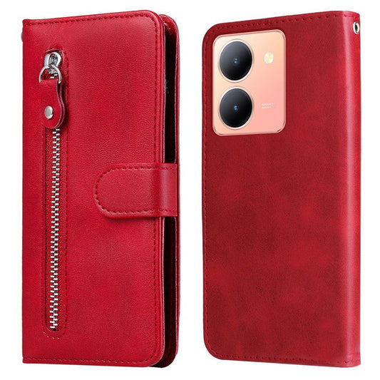 For vivo Y78 (China) 5G / Y36 4G (Global) / Y36 5G (Global) Flip Stand Phone Case Calf Texture Zipper Pocket Leather Wallet Cover - Red