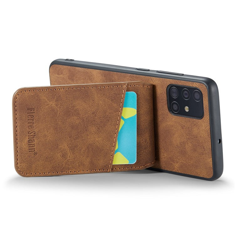 FIERRE SHANN For Samsung Galaxy A71 5G SM-A716 Kickstand Case PU Leather+TPU Phone Shell with Card Slots - Brown