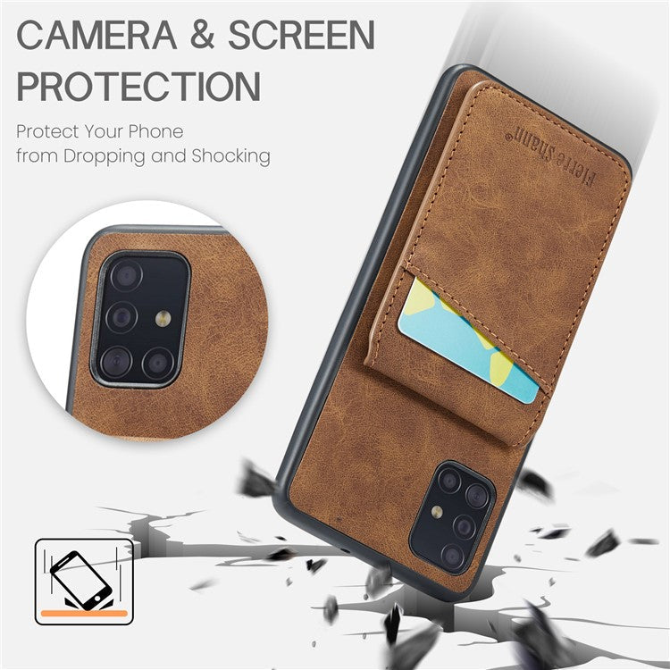 FIERRE SHANN For Samsung Galaxy A71 5G SM-A716 Kickstand Case PU Leather+TPU Phone Shell with Card Slots - Brown