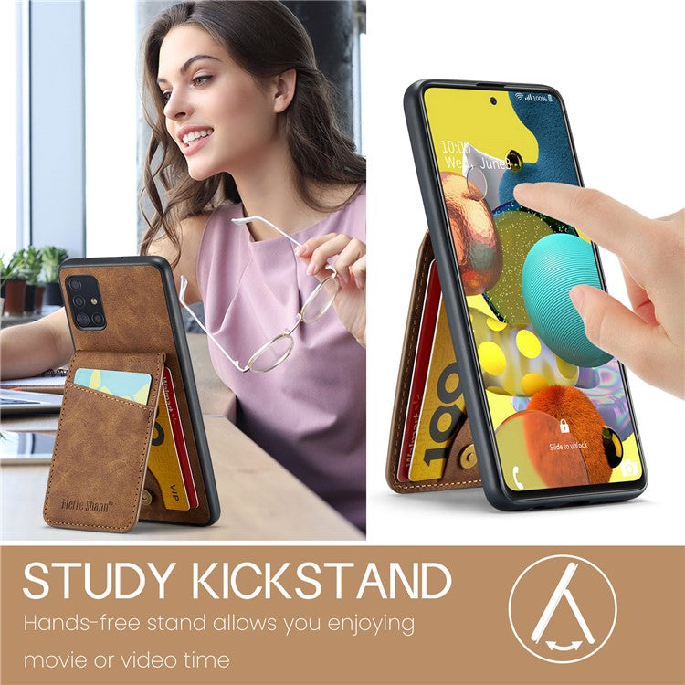 FIERRE SHANN For Samsung Galaxy A71 5G SM-A716 Kickstand Case PU Leather+TPU Phone Shell with Card Slots - Brown