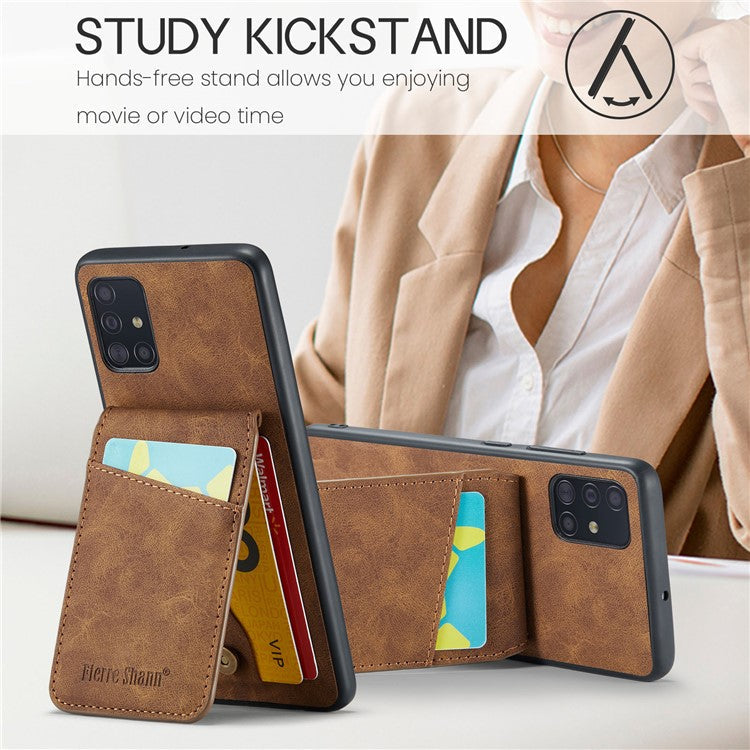 FIERRE SHANN For Samsung Galaxy A71 5G SM-A716 Kickstand Case PU Leather+TPU Phone Shell with Card Slots - Brown