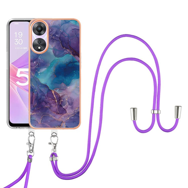 YB IMD Series-18 Style E for Oppo A78 5G / A58 5G Electroplating Phone Case 2.0mm TPU Marble Pattern Cover with Lanyard - Purple