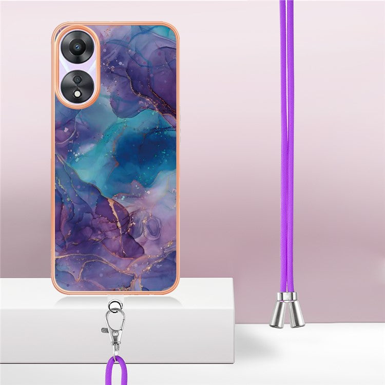 YB IMD Series-18 Style E for Oppo A78 5G / A58 5G Electroplating Phone Case 2.0mm TPU Marble Pattern Cover with Lanyard - Purple