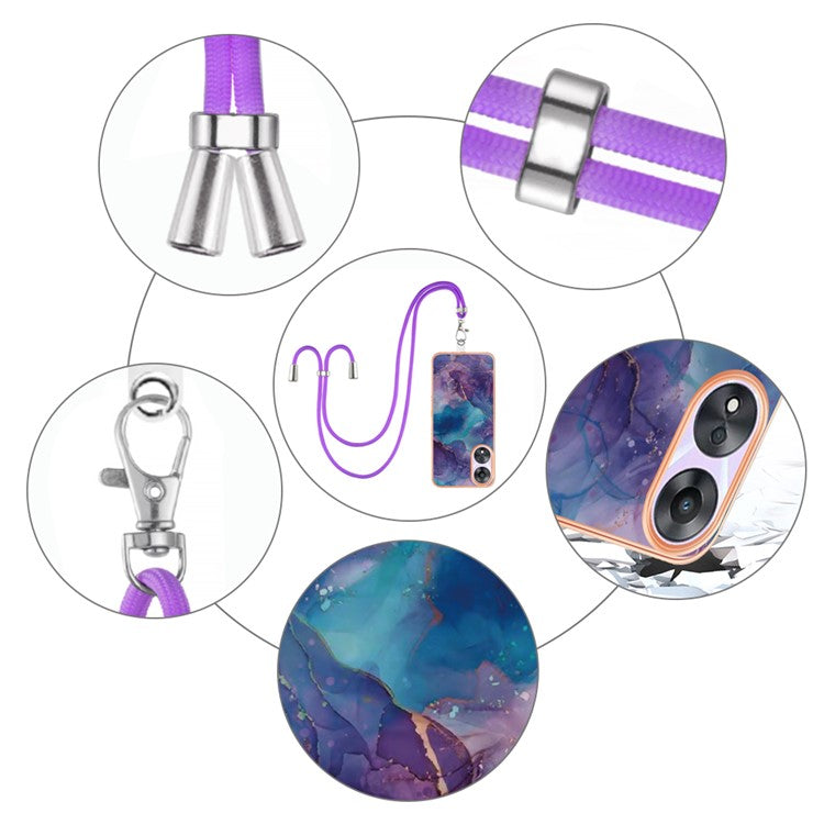 YB IMD Series-18 Style E for Oppo A78 5G / A58 5G Electroplating Phone Case 2.0mm TPU Marble Pattern Cover with Lanyard - Purple