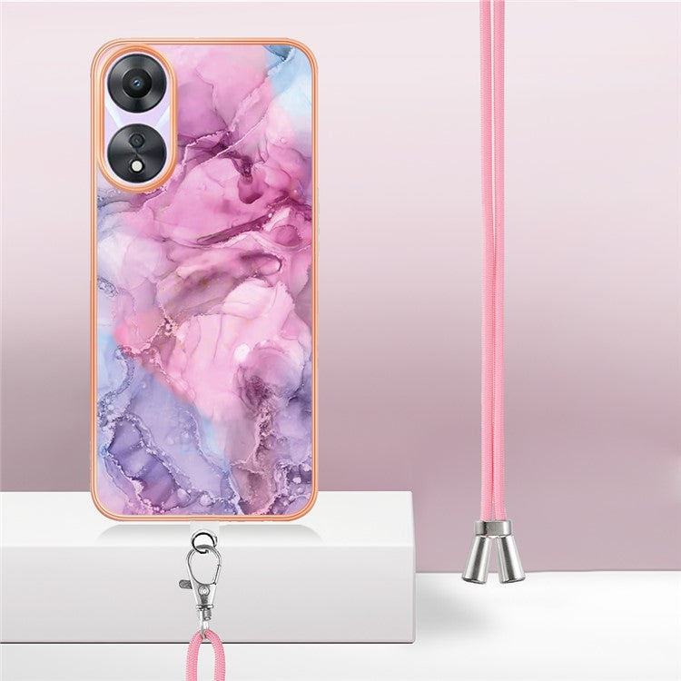YB IMD Series-18 Style E for Oppo A78 5G / A58 5G Electroplating Phone Case 2.0mm TPU Marble Pattern Cover with Lanyard - Rose