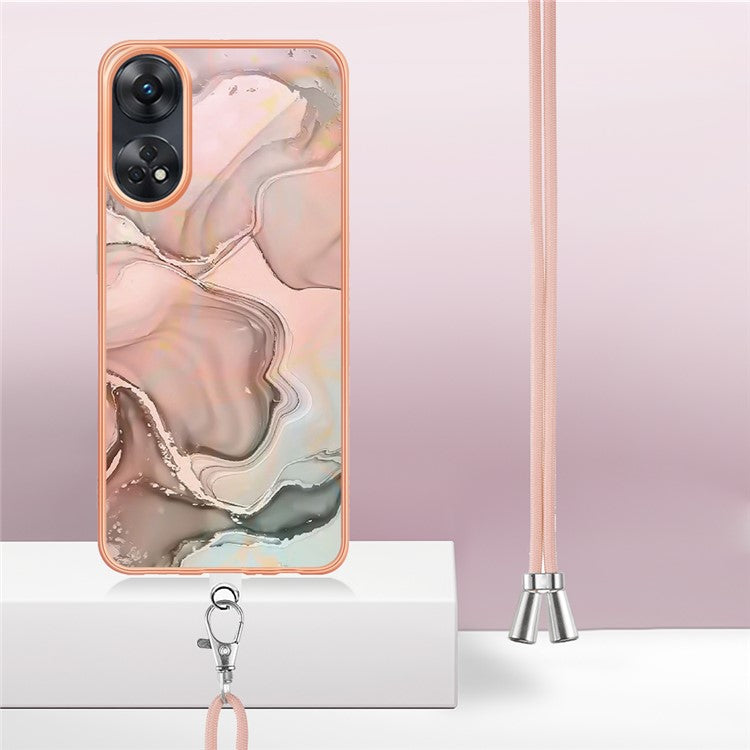 YB IMD Series-18 Style E for Oppo Reno8 T 4G Marble Pattern Design Phone Case Electroplating 2.0mm TPU IMD Phone Cover with Lanyard - Pink