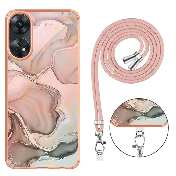 YB IMD Series-18 Style E for Oppo Reno8 T 4G Marble Pattern Design Phone Case Electroplating 2.0mm TPU IMD Phone Cover with Lanyard - Pink