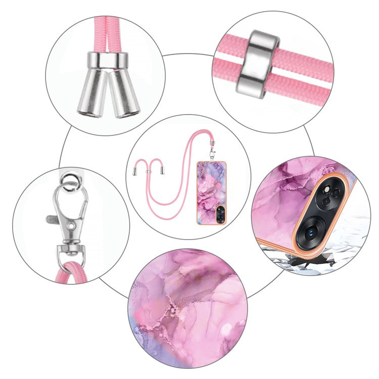 YB IMD Series-18 Style E for Oppo Reno8 T 4G Marble Pattern Design Phone Case Electroplating 2.0mm TPU IMD Phone Cover with Lanyard - Rose