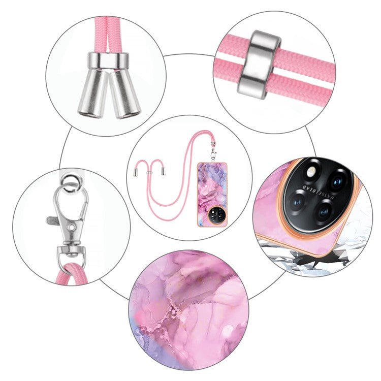 YB IMD Series-18 Style E for OnePlus 11 5G Flexible TPU Case Marble Pattern 2.0mm Electroplating Phone Cover with Lanyard - Rose