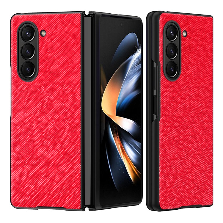 For Samsung Galaxy Z Fold5 5G Cross Texture Folding Phone Case Rubberized PU Leather + Hard PC Phone Cover - Red