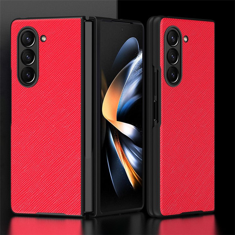 For Samsung Galaxy Z Fold5 5G Cross Texture Folding Phone Case Rubberized PU Leather + Hard PC Phone Cover - Red