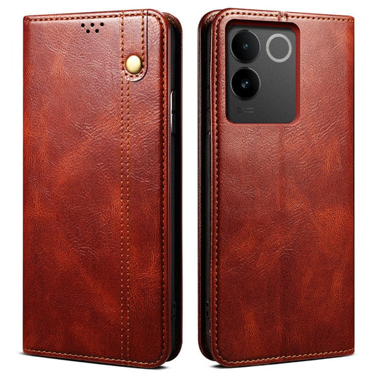 For vivo S17e 5G Waxy Crazy Horse Texture Wallet Case PU Leather Stand Protective Phone Cover - Brown