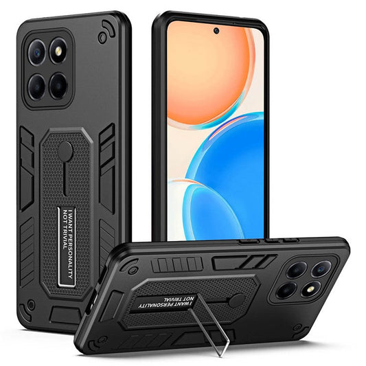 For Honor X8 5G / X6 4G / X6s 4G Silicone Ring Strap Phone Case TPU+PC Back Cover with Hidden Kickstand - Black