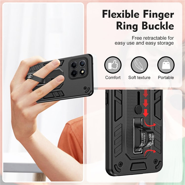 For Honor X8 5G / X6 4G / X6s 4G Silicone Ring Strap Phone Case TPU+PC Back Cover with Hidden Kickstand - Black