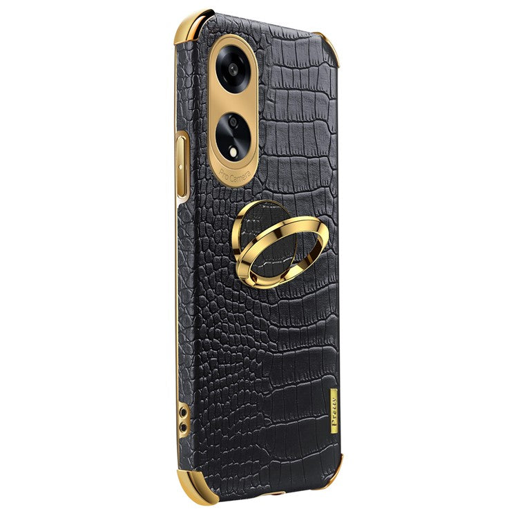 Ring Kickstand Phone Case for Oppo A1 5G Crocodile Texture Leather Coated TPU 6D Electroplating Cover - Black