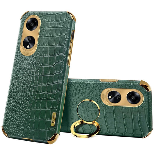 Ring Kickstand Phone Case for Oppo A1 5G Crocodile Texture Leather Coated TPU 6D Electroplating Cover - Green