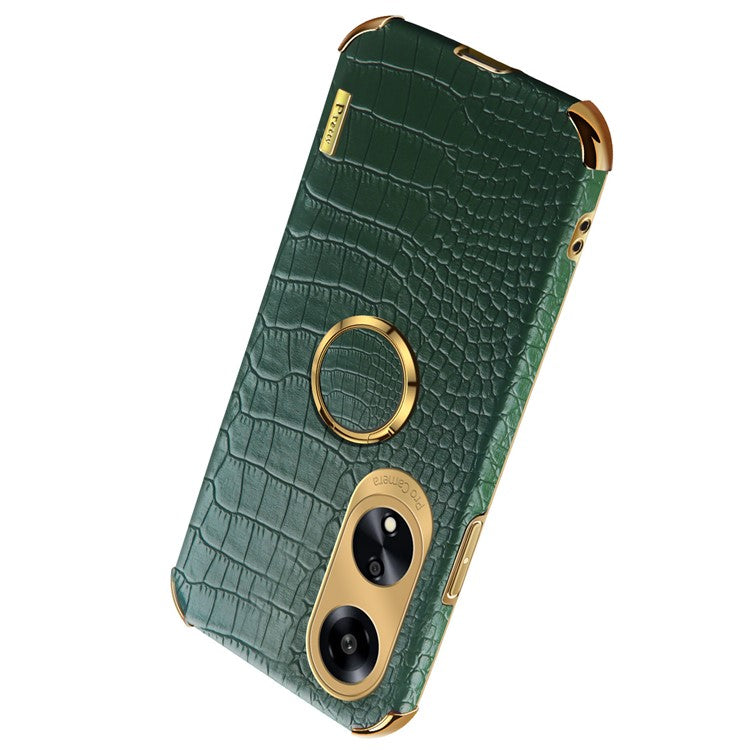 Ring Kickstand Phone Case for Oppo A1 5G Crocodile Texture Leather Coated TPU 6D Electroplating Cover - Green
