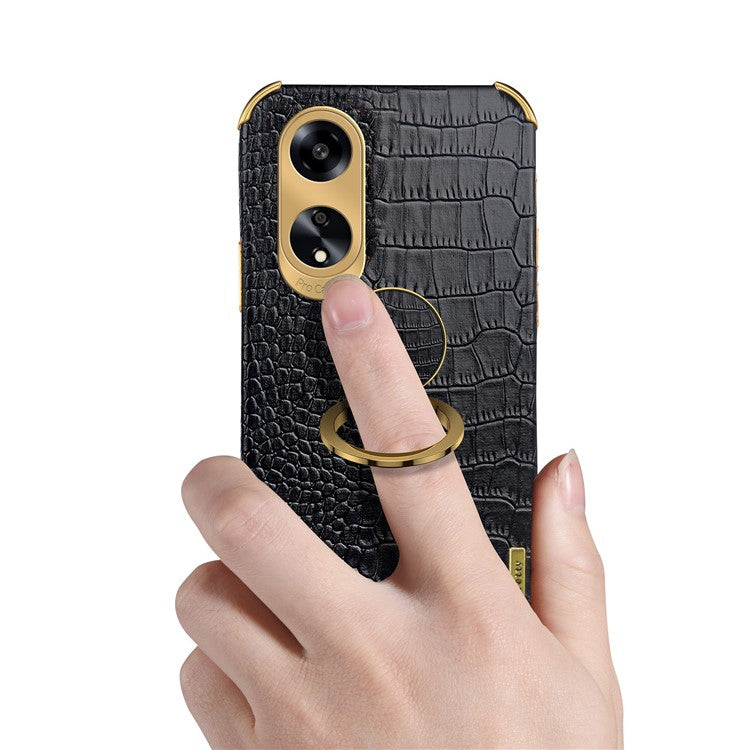 Ring Kickstand Phone Case for Oppo A1 5G Crocodile Texture Leather Coated TPU 6D Electroplating Cover - Green
