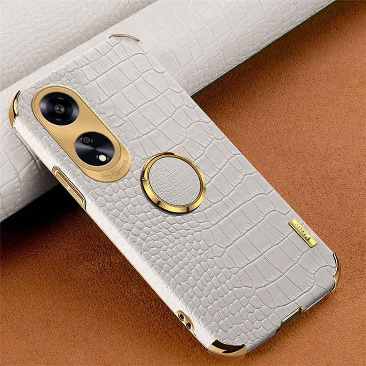 Ring Kickstand Phone Case for Oppo A1 5G Crocodile Texture Leather Coated TPU 6D Electroplating Cover - White