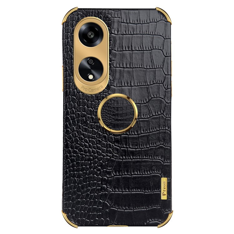 Ring Kickstand Phone Case for Oppo A1 5G Crocodile Texture Leather Coated TPU 6D Electroplating Cover - White