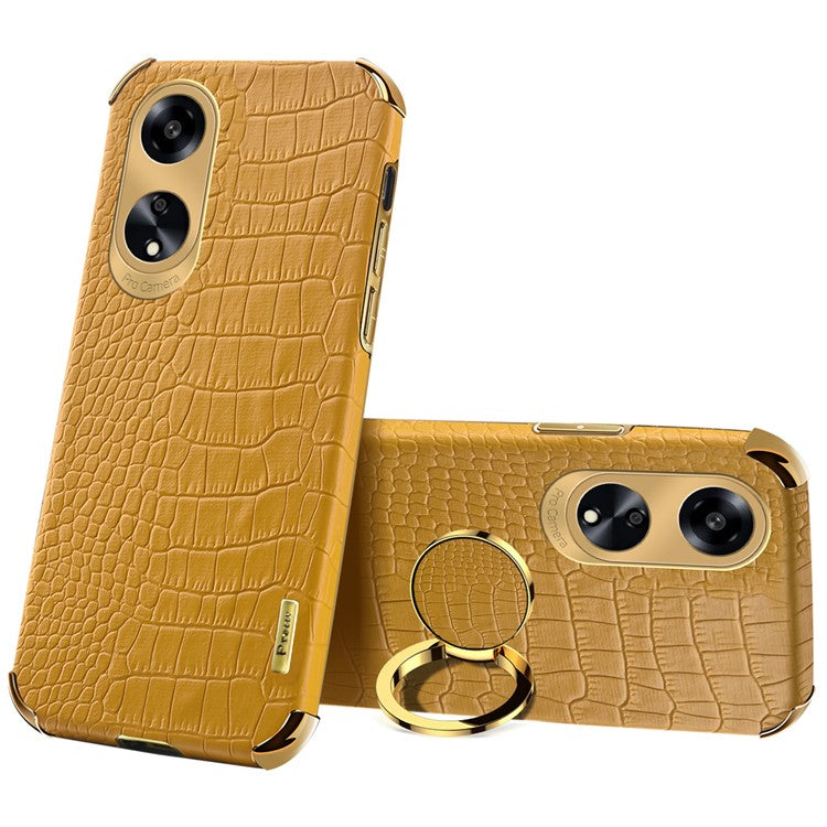 Ring Kickstand Phone Case for Oppo A1 5G Crocodile Texture Leather Coated TPU 6D Electroplating Cover - Yellow