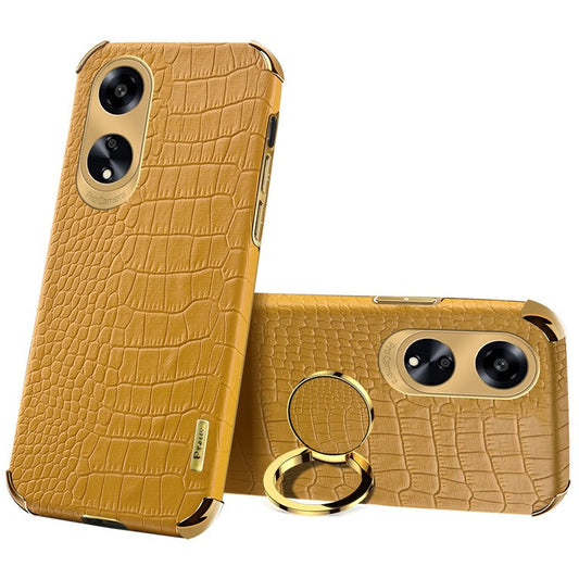 Ring Kickstand Phone Case for Oppo A1 5G Crocodile Texture Leather Coated TPU 6D Electroplating Cover - Yellow