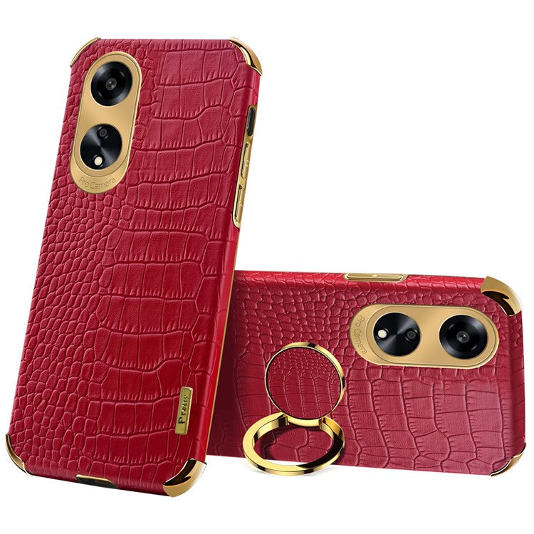 Ring Kickstand Phone Case for Oppo A1 5G Crocodile Texture Leather Coated TPU 6D Electroplating Cover - Red
