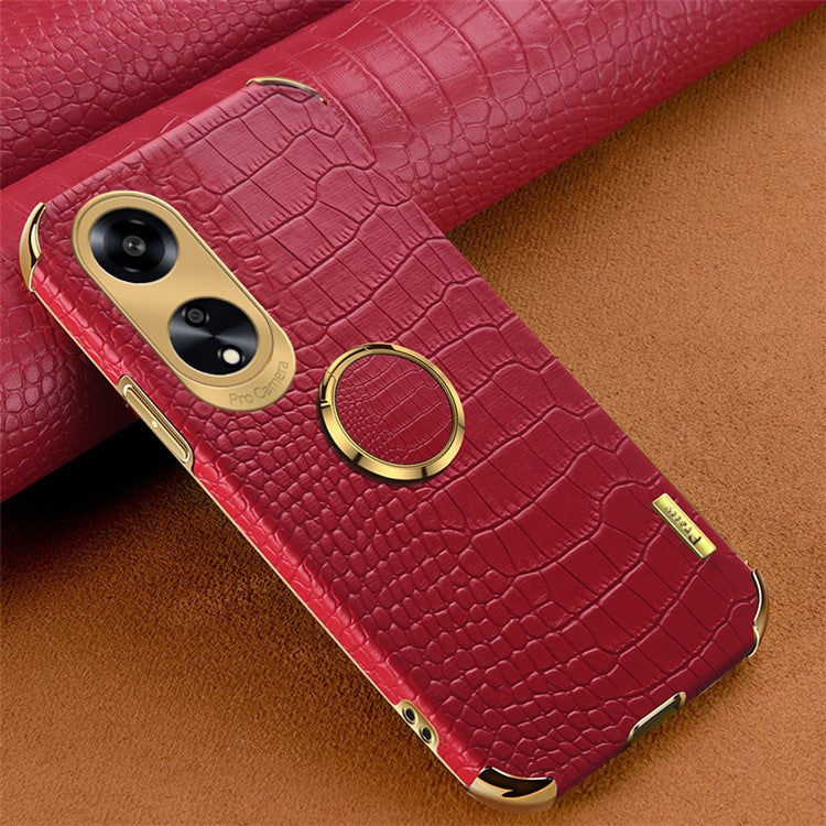 Ring Kickstand Phone Case for Oppo A1 5G Crocodile Texture Leather Coated TPU 6D Electroplating Cover - Red