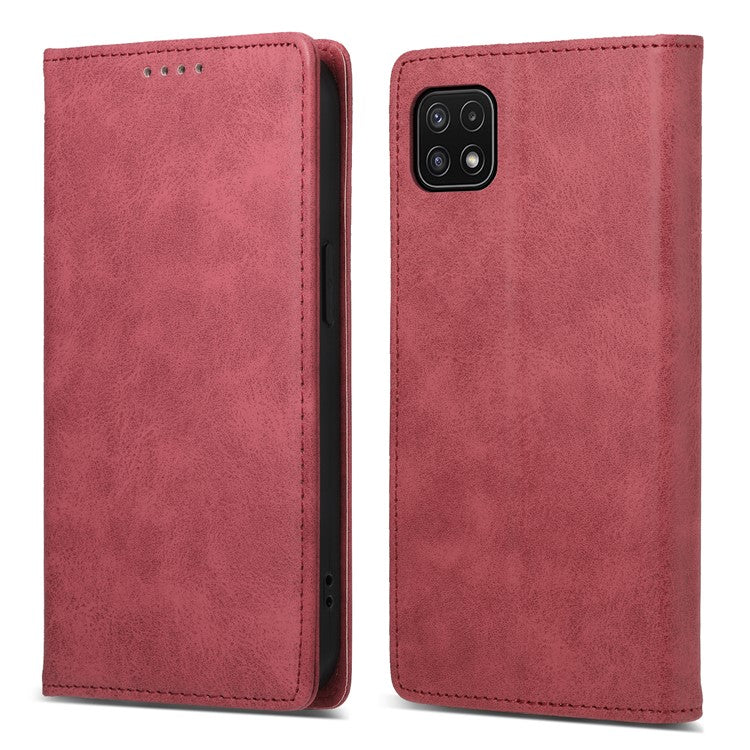 DF-05 For Samsung Galaxy A22 5G (EU Version) RFID Blocking Phone Case Leather Wallet Stand Anti-drop Cover - Red
