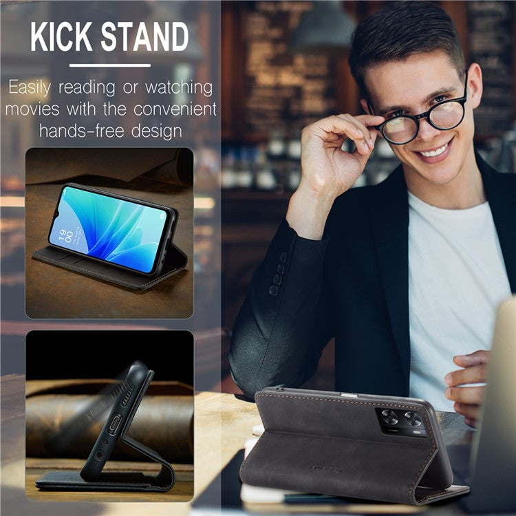 CASEME 013 Series Leather Case for Oppo A57 4G / A57s 4G / A57e 4G / A77 4G / A77s 4G / OnePlus Nord N20 SE 4G Wallet Stand Phone Cover - Black