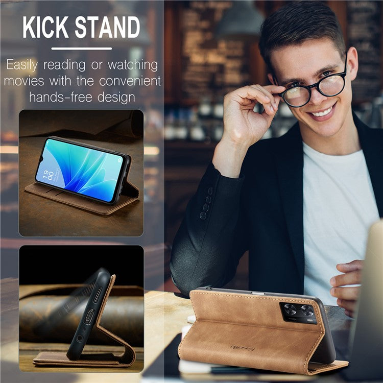 CASEME 013 Series Leather Case for Oppo A57 4G / A57s 4G / A57e 4G / A77 4G / A77s 4G / OnePlus Nord N20 SE 4G Wallet Stand Phone Cover - Brown