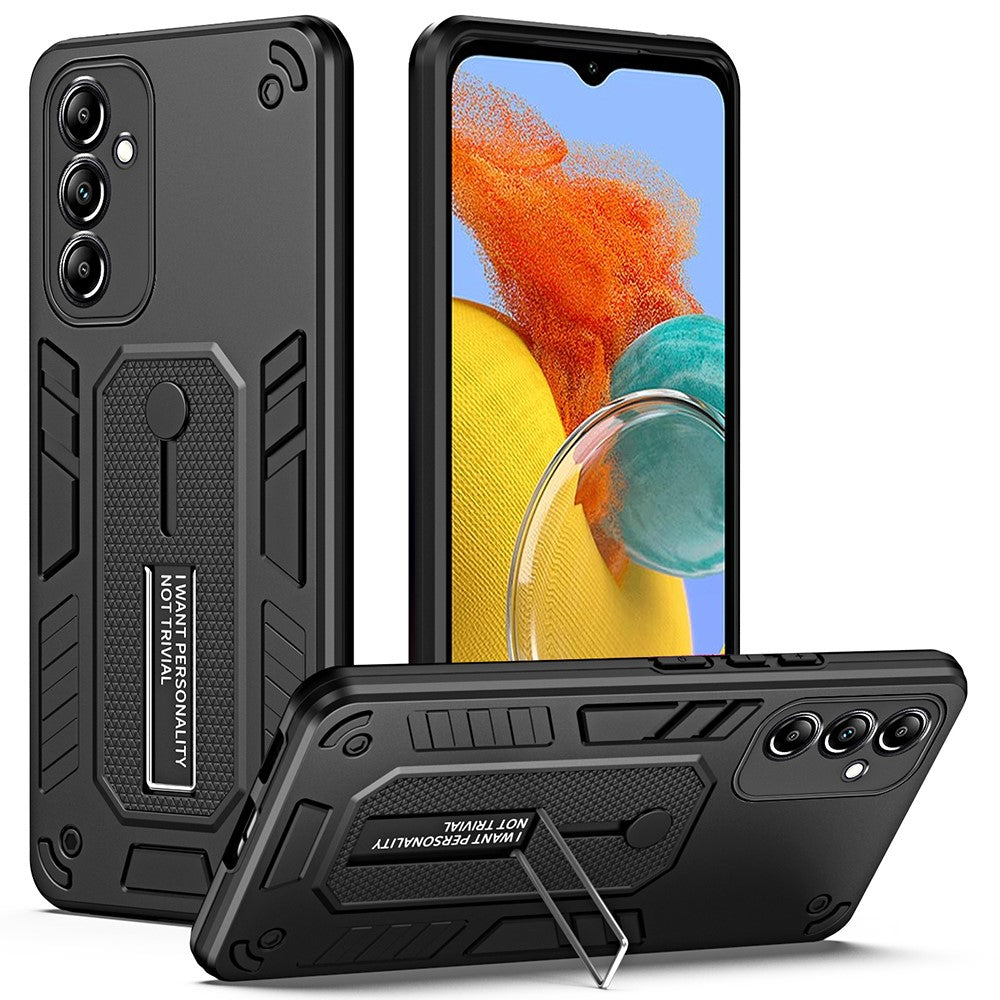 For Samsung Galaxy M14 5G Silicone Ring Strap TPU+PC Phone Case Metal Kickstand Cover - Black