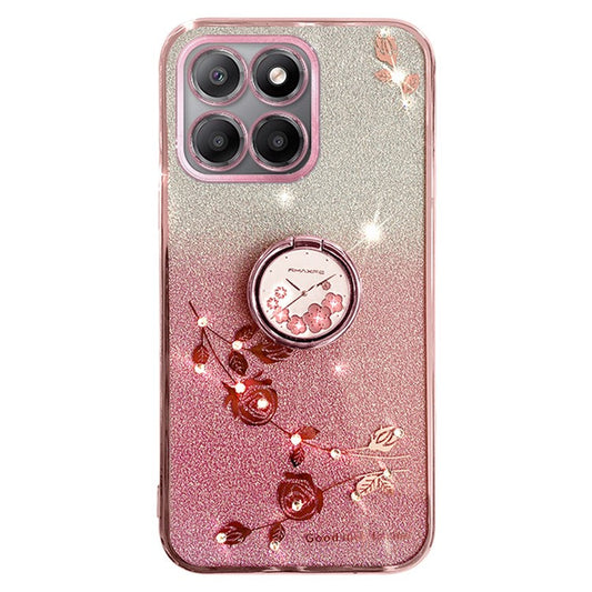 KADEM For Honor X8 5G / X6 4G / 70 Lite 5G Ring Kickstand TPU Case Gradient Glitter Flower Pattern Phone Cover - Rose Gold