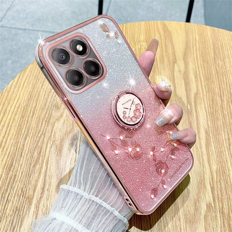 KADEM For Honor X8 5G / X6 4G / 70 Lite 5G Ring Kickstand TPU Case Gradient Glitter Flower Pattern Phone Cover - Rose Gold