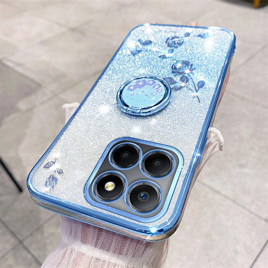 KADEM For Honor X8 5G / X6 4G / 70 Lite 5G Ring Kickstand TPU Case Gradient Glitter Flower Pattern Phone Cover - Blue