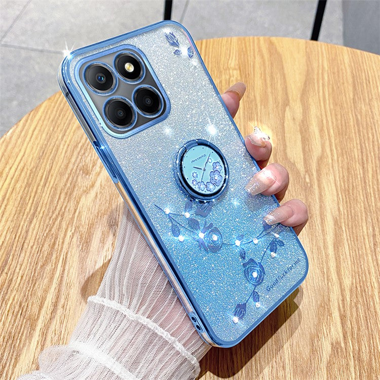 KADEM For Honor X8 5G / X6 4G / 70 Lite 5G Ring Kickstand TPU Case Gradient Glitter Flower Pattern Phone Cover - Blue