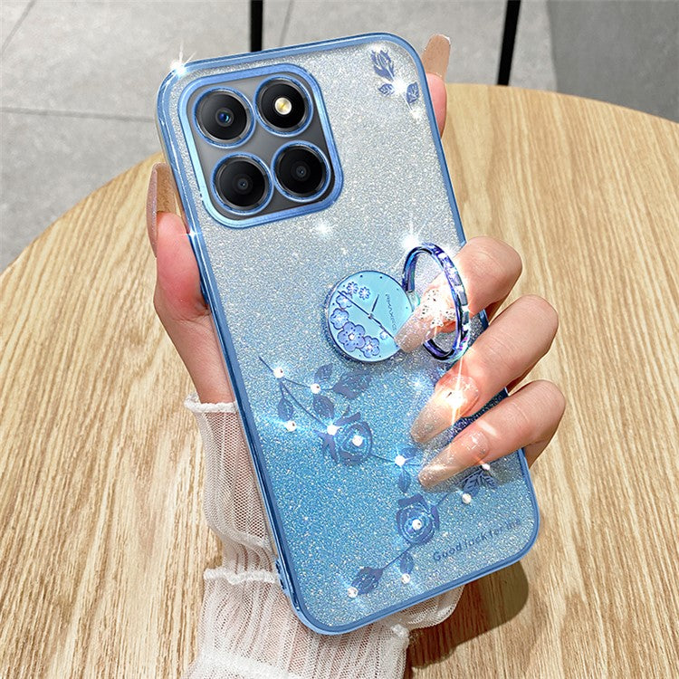 KADEM For Honor X8 5G / X6 4G / 70 Lite 5G Ring Kickstand TPU Case Gradient Glitter Flower Pattern Phone Cover - Blue