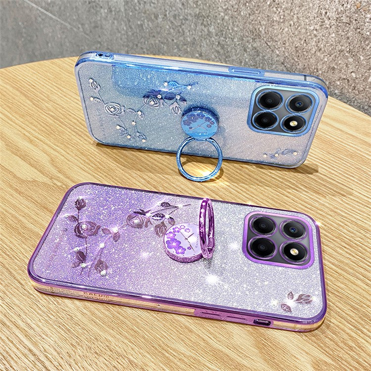 KADEM For Honor X8 5G / X6 4G / 70 Lite 5G Ring Kickstand TPU Case Gradient Glitter Flower Pattern Phone Cover - Blue