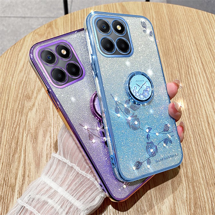 KADEM For Honor X8 5G / X6 4G / 70 Lite 5G Ring Kickstand TPU Case Gradient Glitter Flower Pattern Phone Cover - Blue