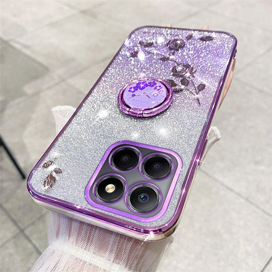 KADEM For Honor X8 5G / X6 4G / 70 Lite 5G Ring Kickstand TPU Case Gradient Glitter Flower Pattern Phone Cover - Purple