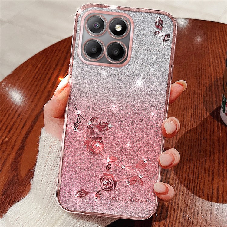 KADEM For Honor X8 5G / X6 4G / 70 Lite 5G Rhinestone Flower Phone Case Glitter Gradient TPU Cover - Rose Gold