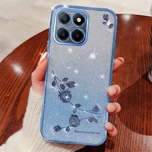 KADEM For Honor X8 5G / X6 4G / 70 Lite 5G Rhinestone Flower Phone Case Glitter Gradient TPU Cover - Blue