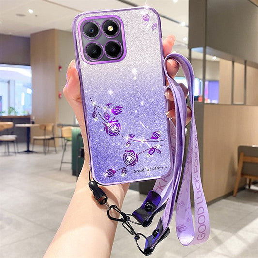 KADEM For Honor X8 5G / X6 4G / 70 Lite 5G Anti-Fingerprint TPU Phone Case Glitter Flower Pattern Gradient Cover with Strap - Purple